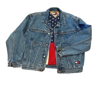 Vintage 90s Tommy Hilfiger Denim Jacket Men's Medium Big Flag Stars Lining RARE